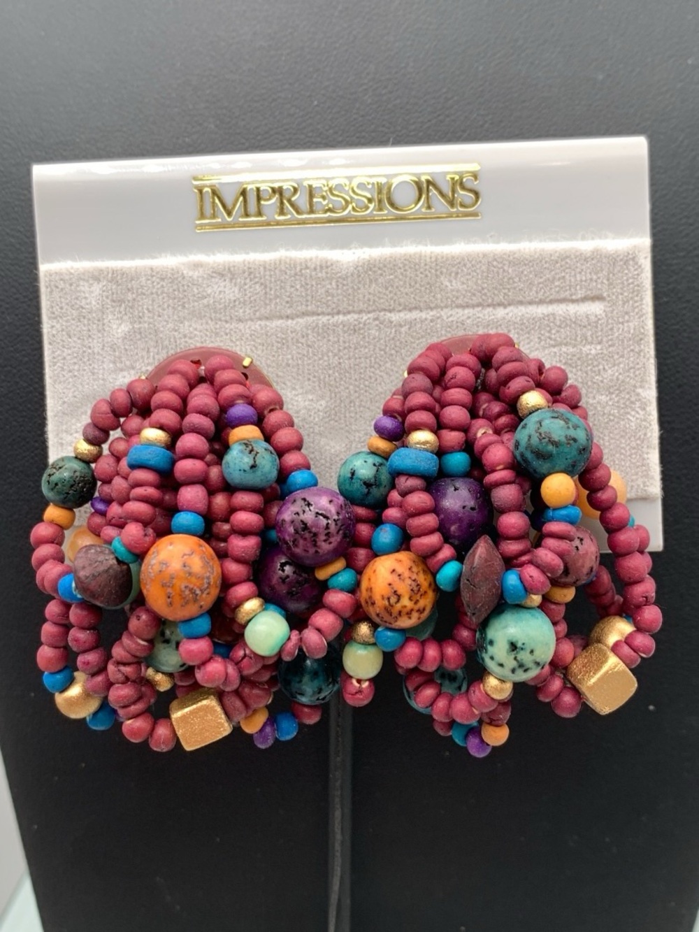 Vintage NOS Impressions wood Multicolor Beaded Statement clip on Earrings